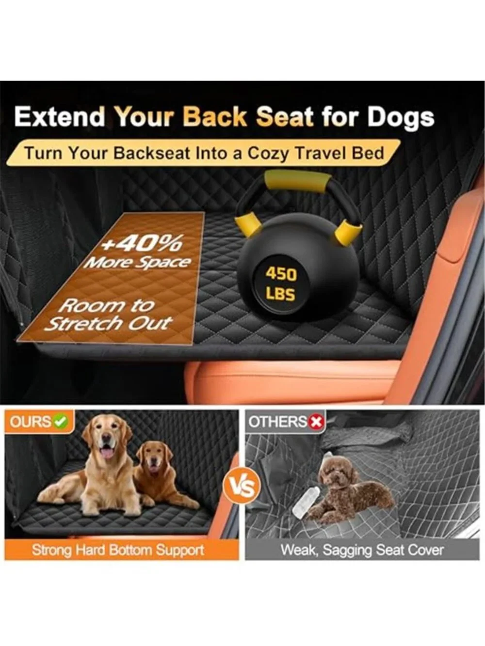 Back Seat Extender for Dogs, Holds 450 lbs, Hard Bottom Waterproof Dog Car Seat